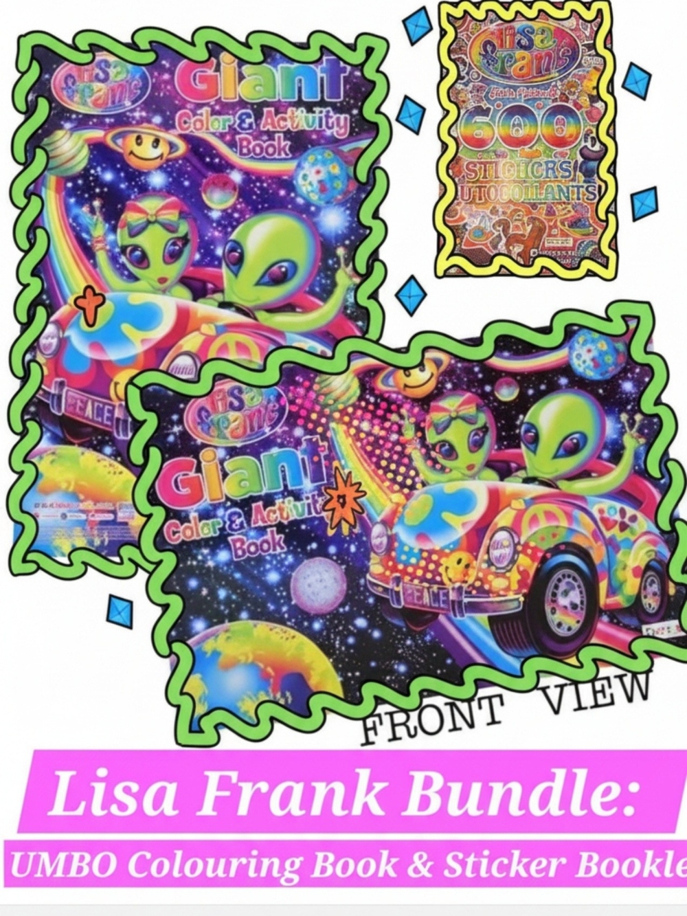 🌈✨️NEW Lisa Frank Bundle Giant Coluring/Activity Book & 600+ Sticker Pad 👽🪐